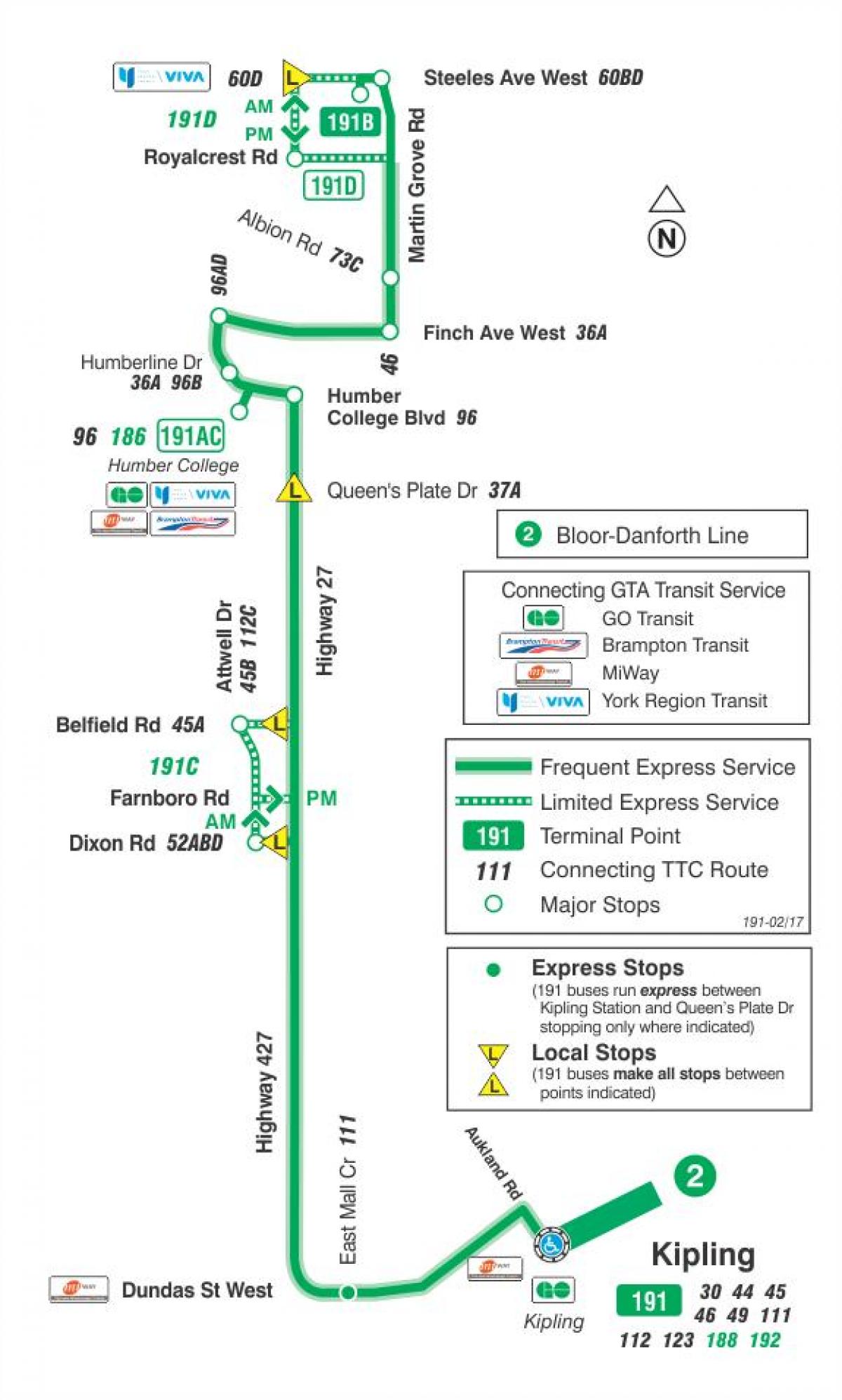 Mapa TTC autostrady 191 rakieta 27 linia autobusowa Toronto