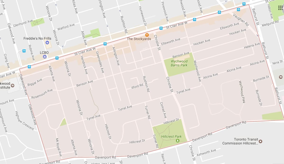 Mapa Bracondale Wzgórze dzielnicy Toronto