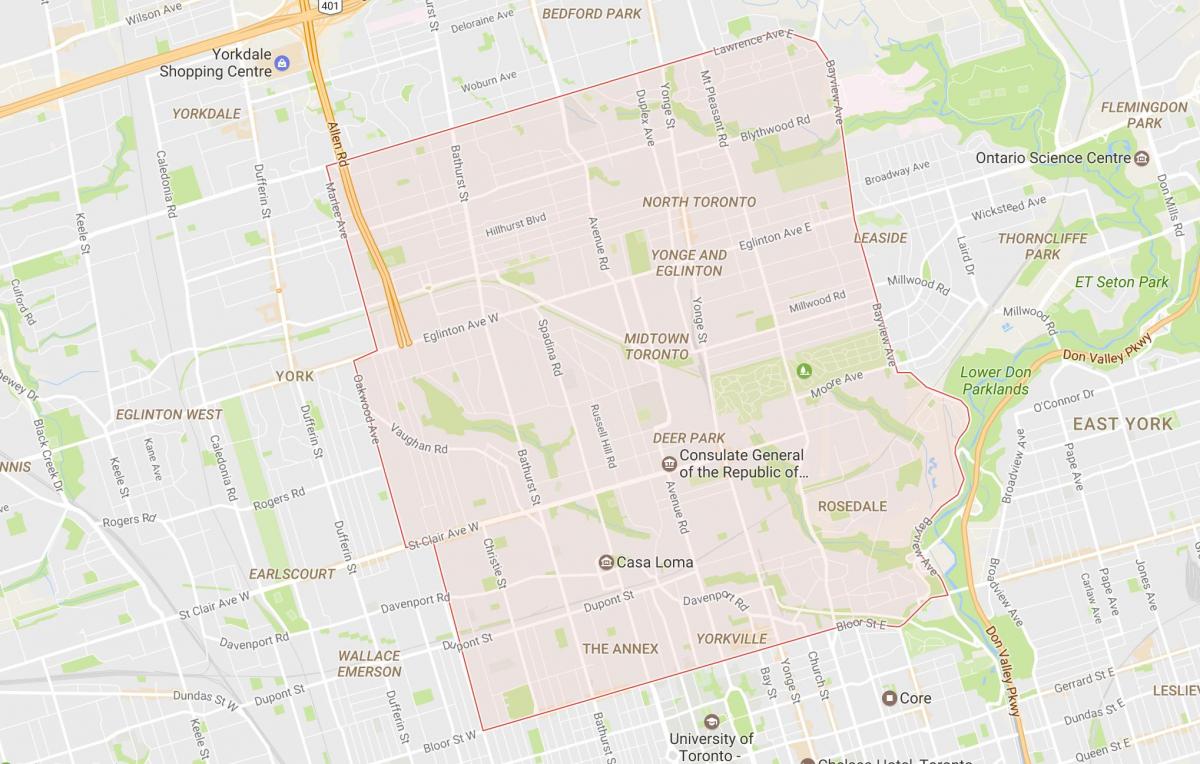 Mapa okolic dzielnicy midtown na manhattanie Toronto