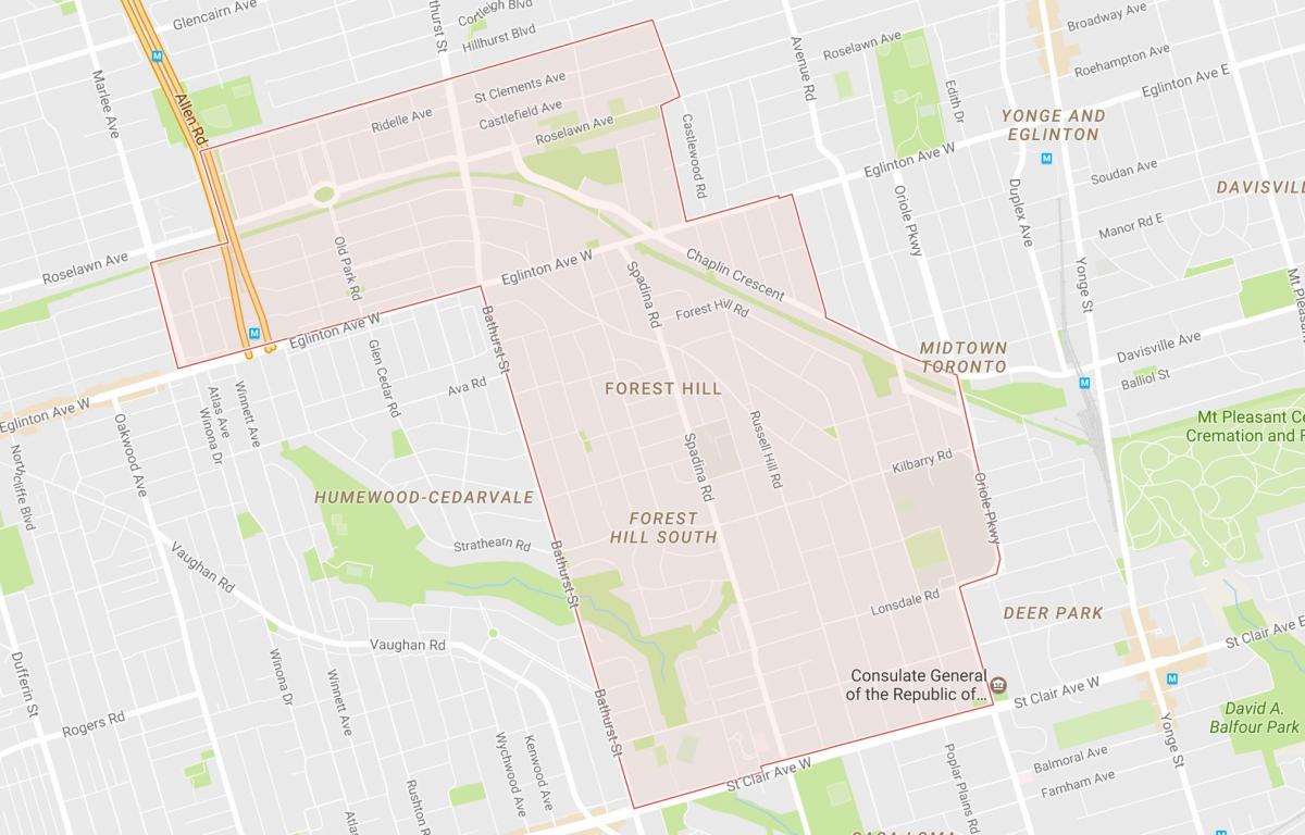 Mapa Forest Hill dzielnicy Toronto