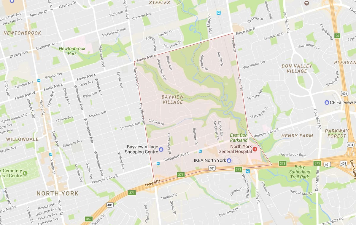 Mapa Bayview wsi dzielnicy Toronto