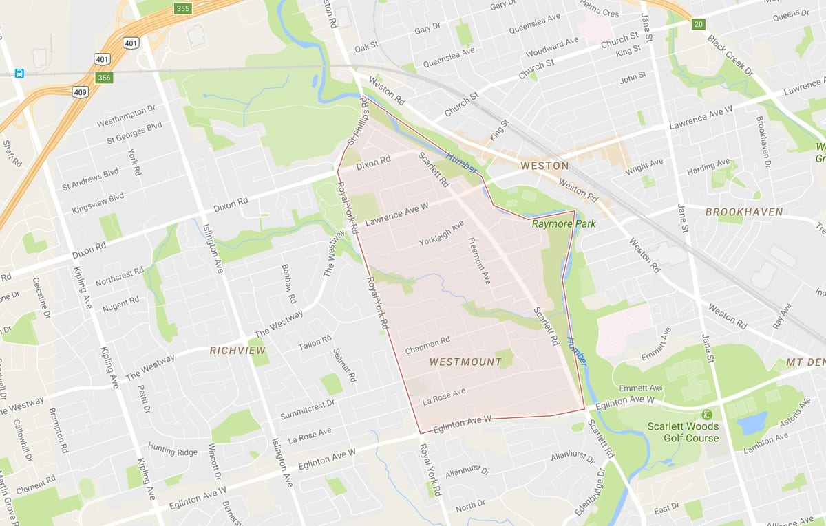 Mapa humber do atlantyku wysokości – Уэстмаунт dzielnicy Toronto