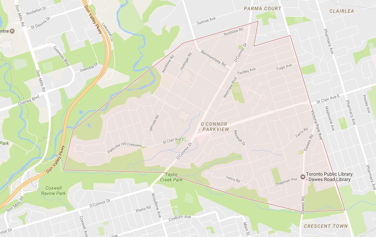 Mapa O ' Connor–Парквью dzielnicy Toronto