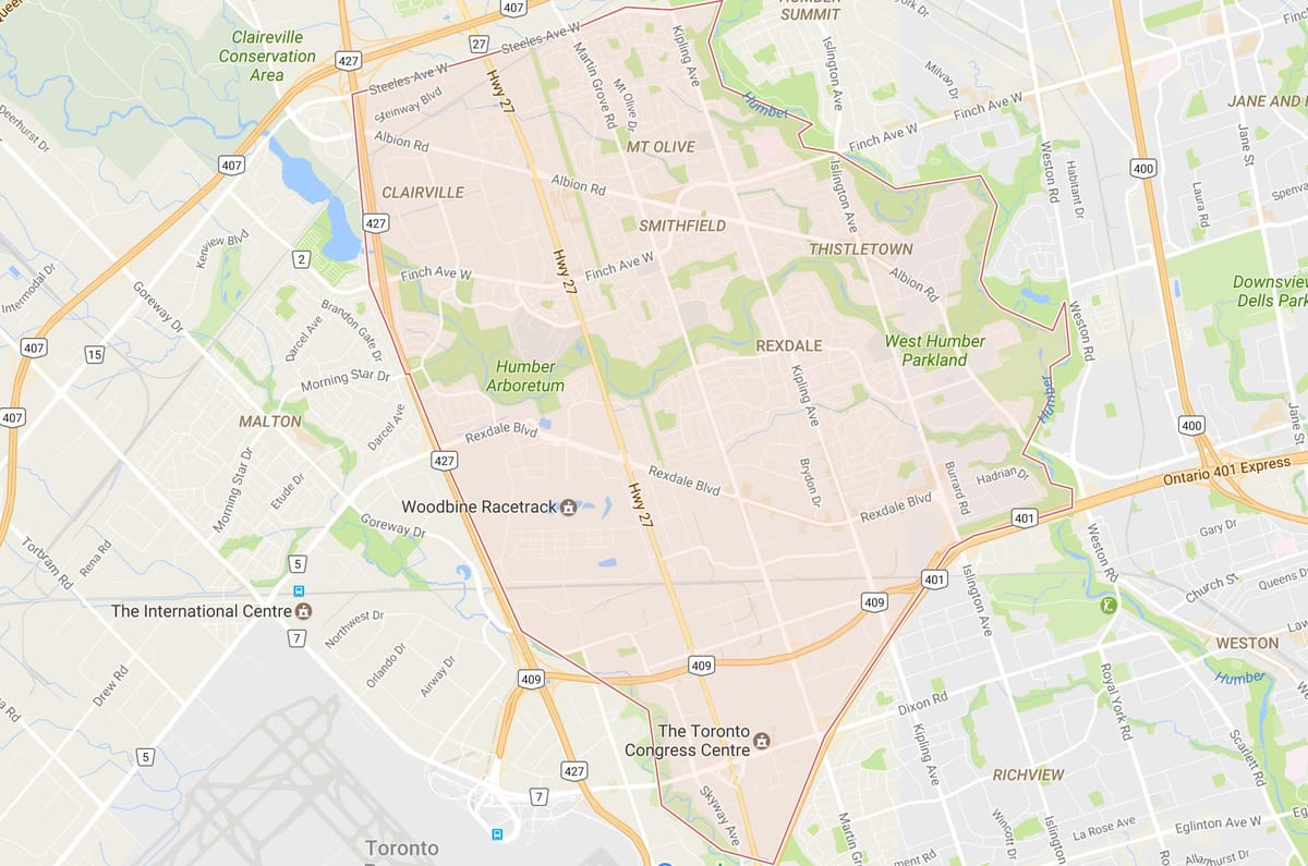 Mapa Рексдэйле dzielnicy Toronto