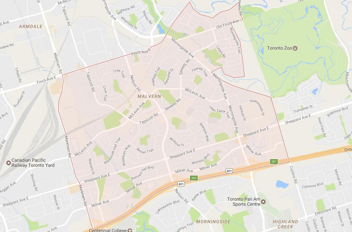 Mapa okolic Malvern Toronto