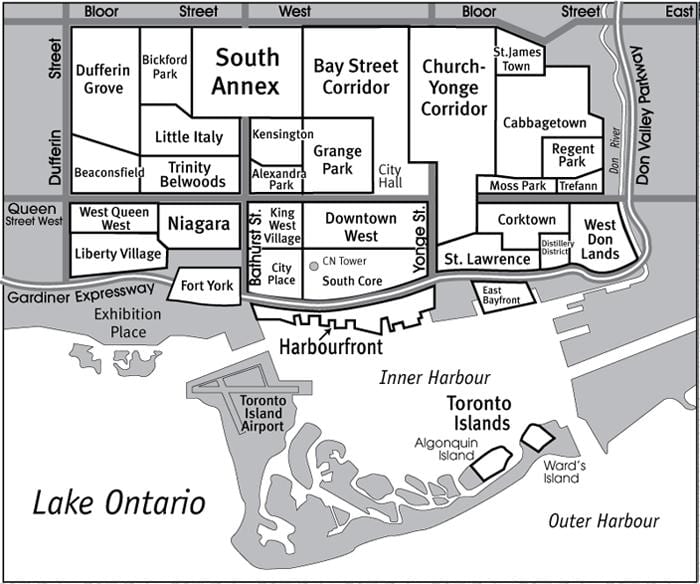 Mapa dzielnicy Południowe rdzeń Toronto