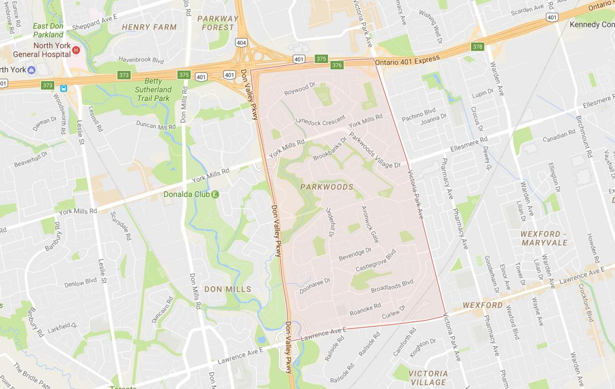 Mapa Parkwoods dzielnicy Toronto
