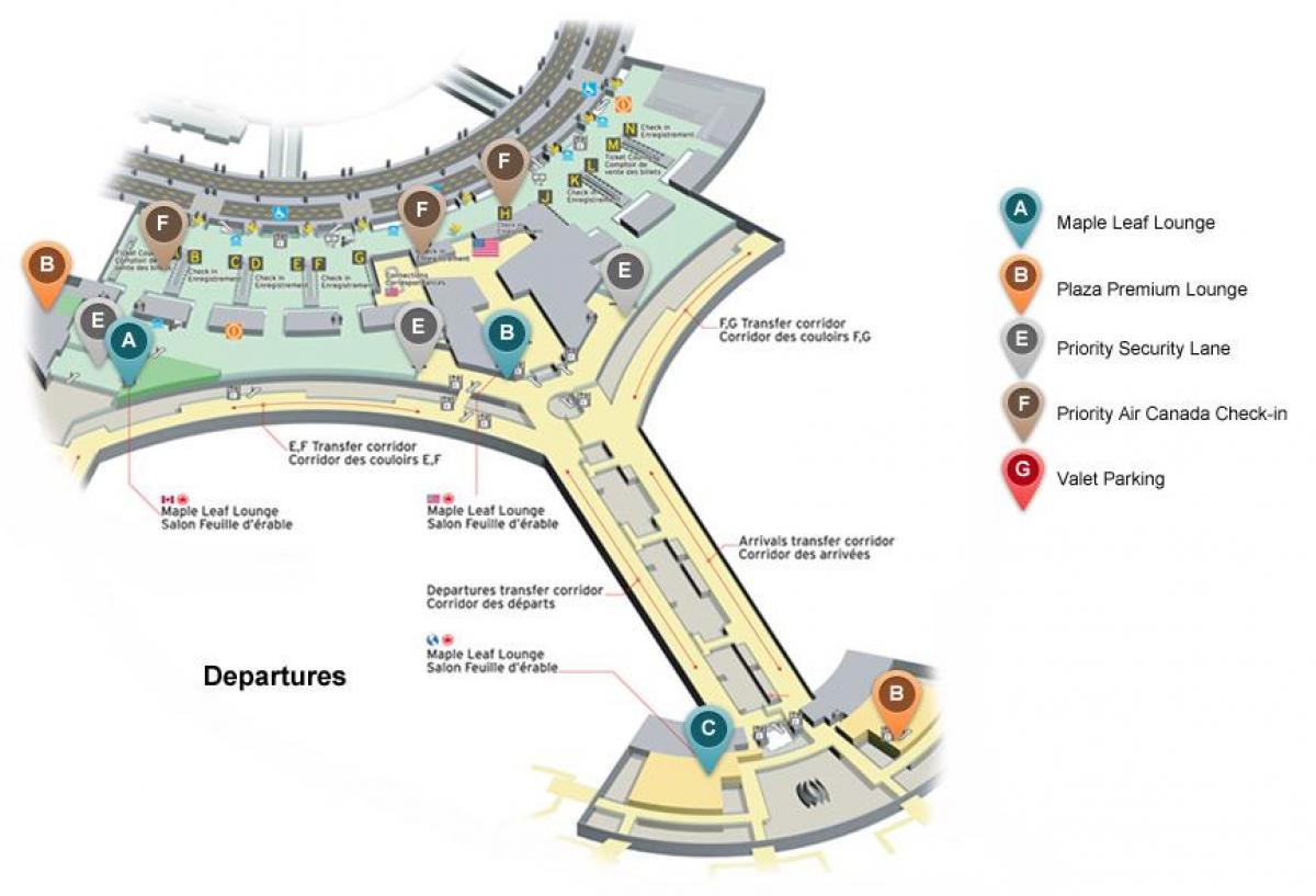 Mapa Toronto Pearson odlotów terminalu lotniska