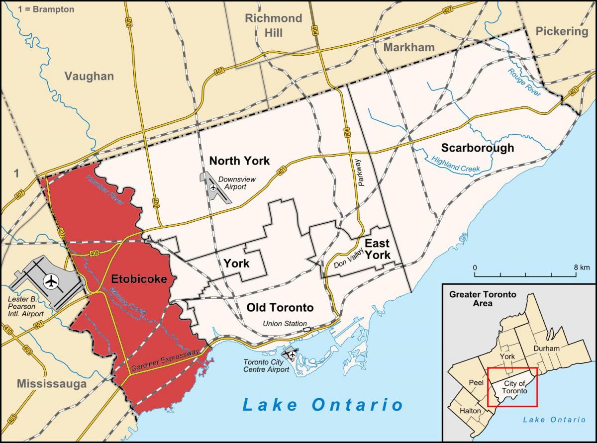 Mapa dzielnicy Toronto-Etobicoke