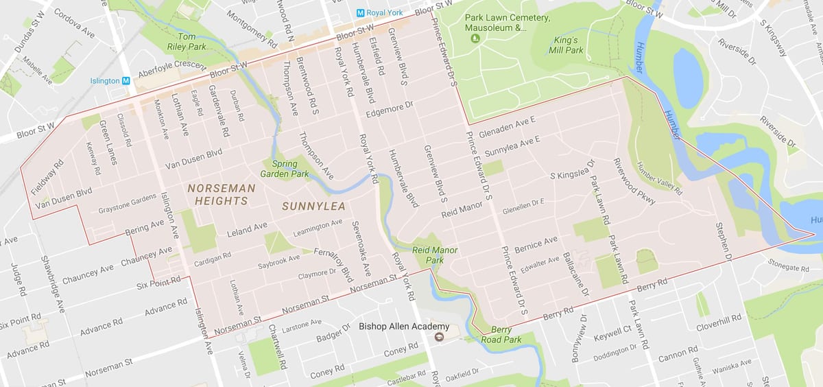 Mapa Sunnylea dzielnicy Toronto
