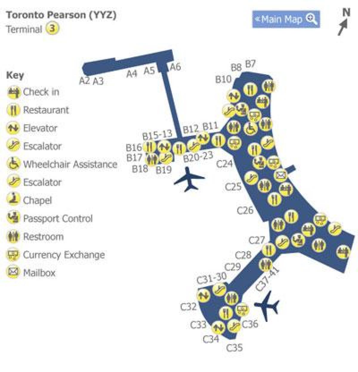 Mapa Toronto Pearson international airport terminal 3
