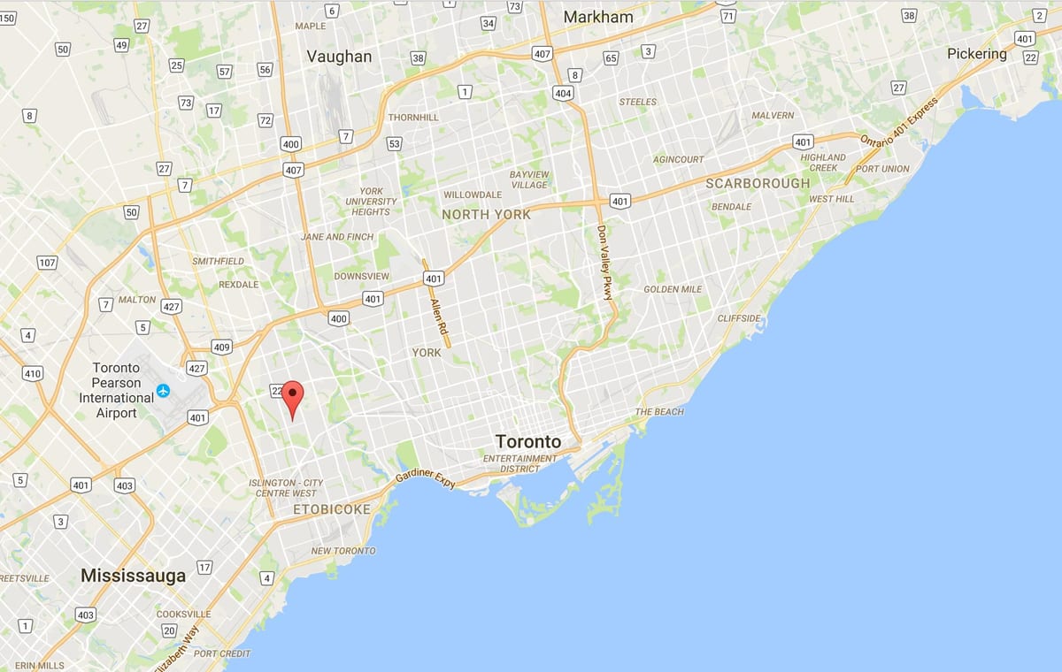 Mapa Thorncrest dzielnicy Toronto