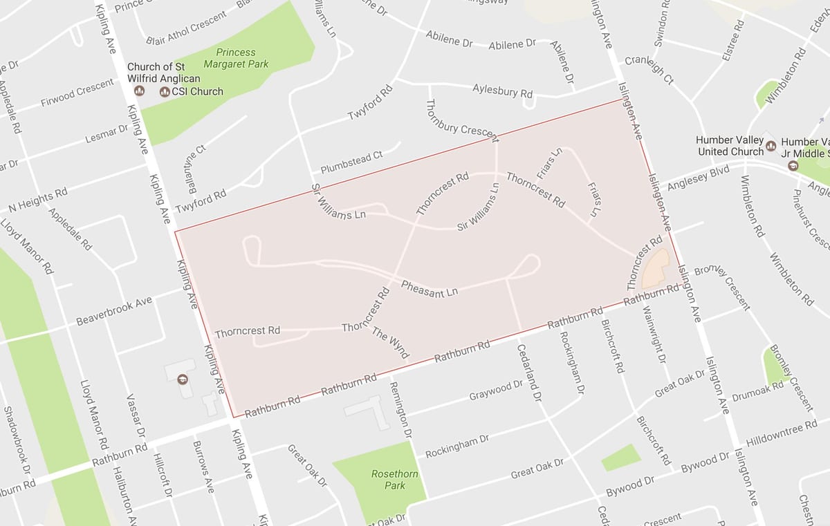 Mapa Thorncrest wsi dzielnicy Toronto