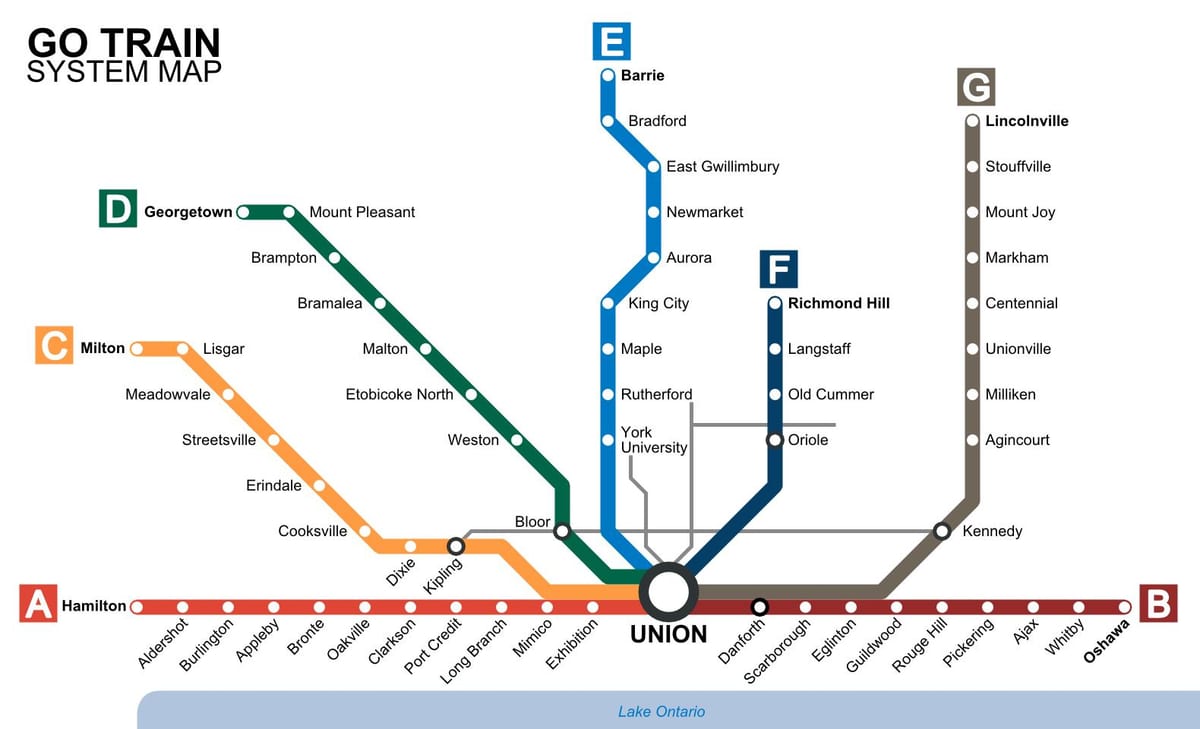 Mapa Toronto pociągi tranzytem