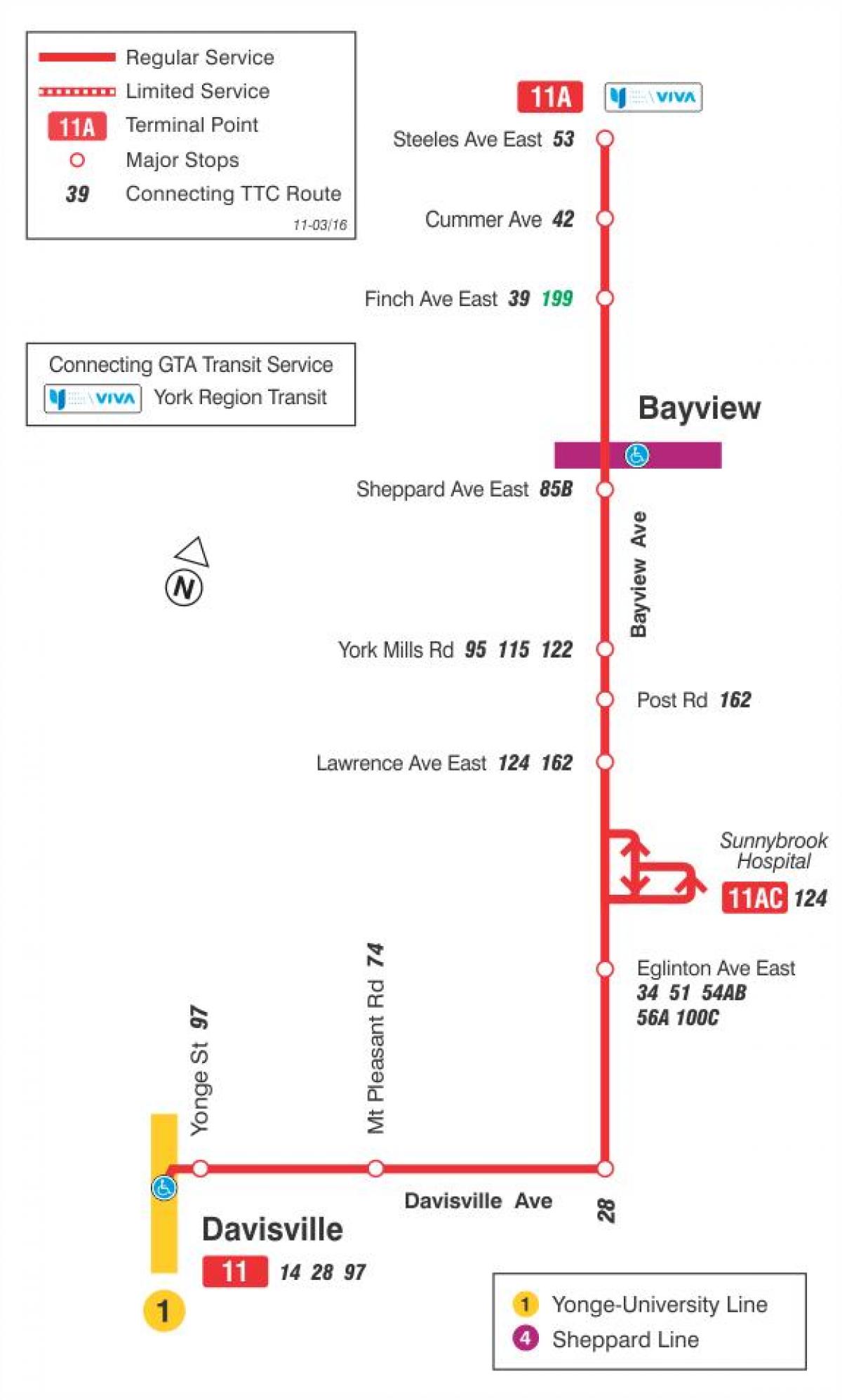 Mapa TTC 11 Bayview autobus na trasie Toronto