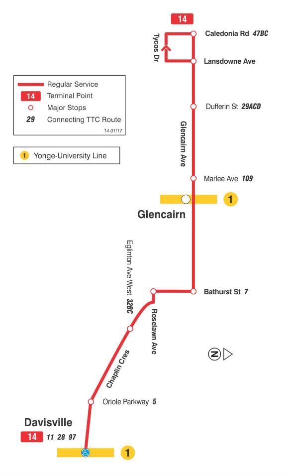 Mapa TTC 14 Гленкейн autobus na trasie Toronto