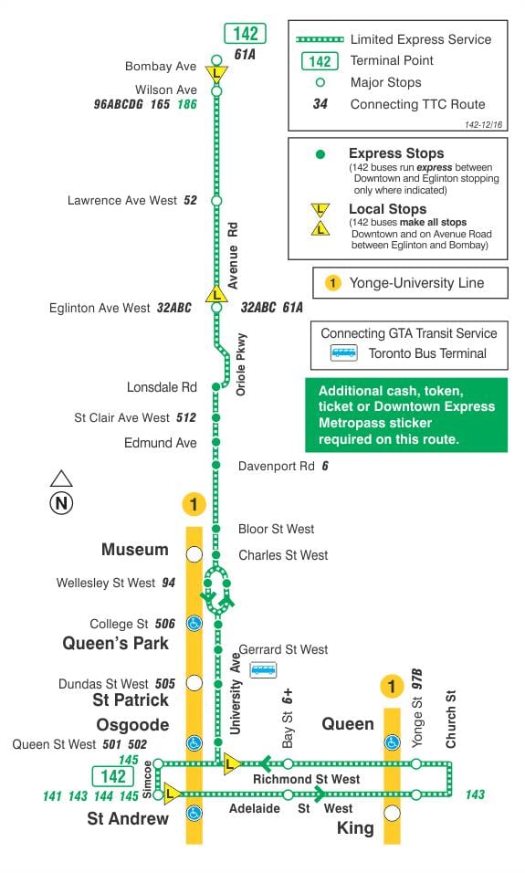 Mapa TTC 142 centrum miasta / Prospect RD Express-bus Toronto