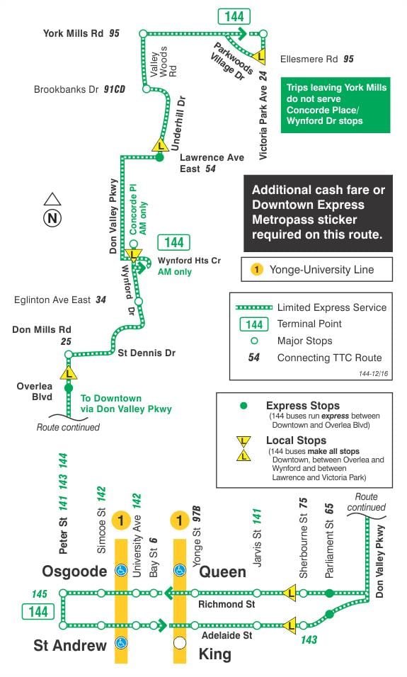 Mapa TTC 144 centrum / Don dolinie Express bus na trasie Toronto