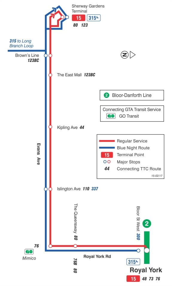 Mapa TTS 15 Evans autobus na trasie Toronto