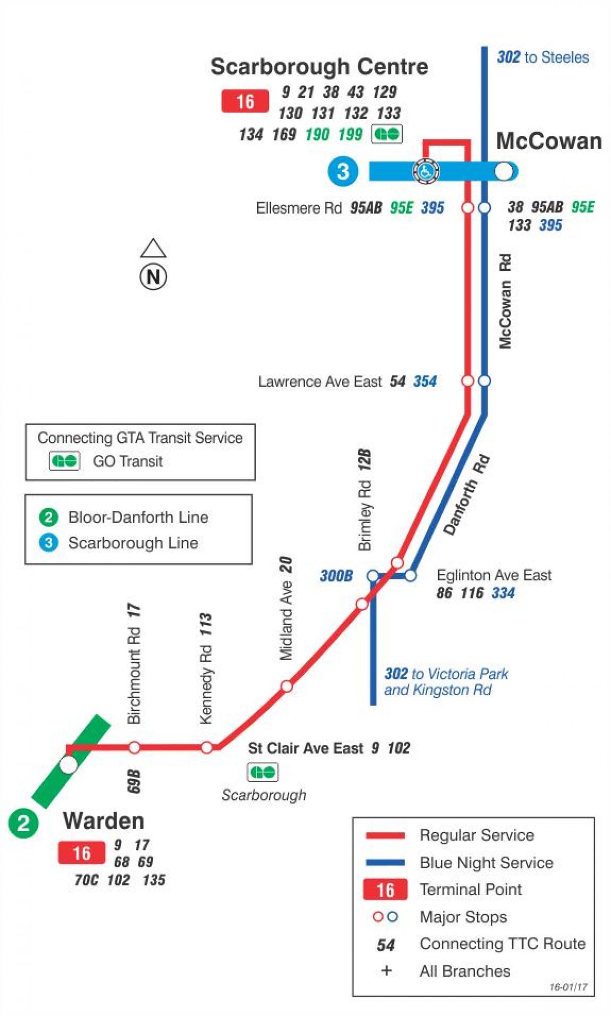 Mapa TTC 16 Mccowan autobus na trasie Toronto
