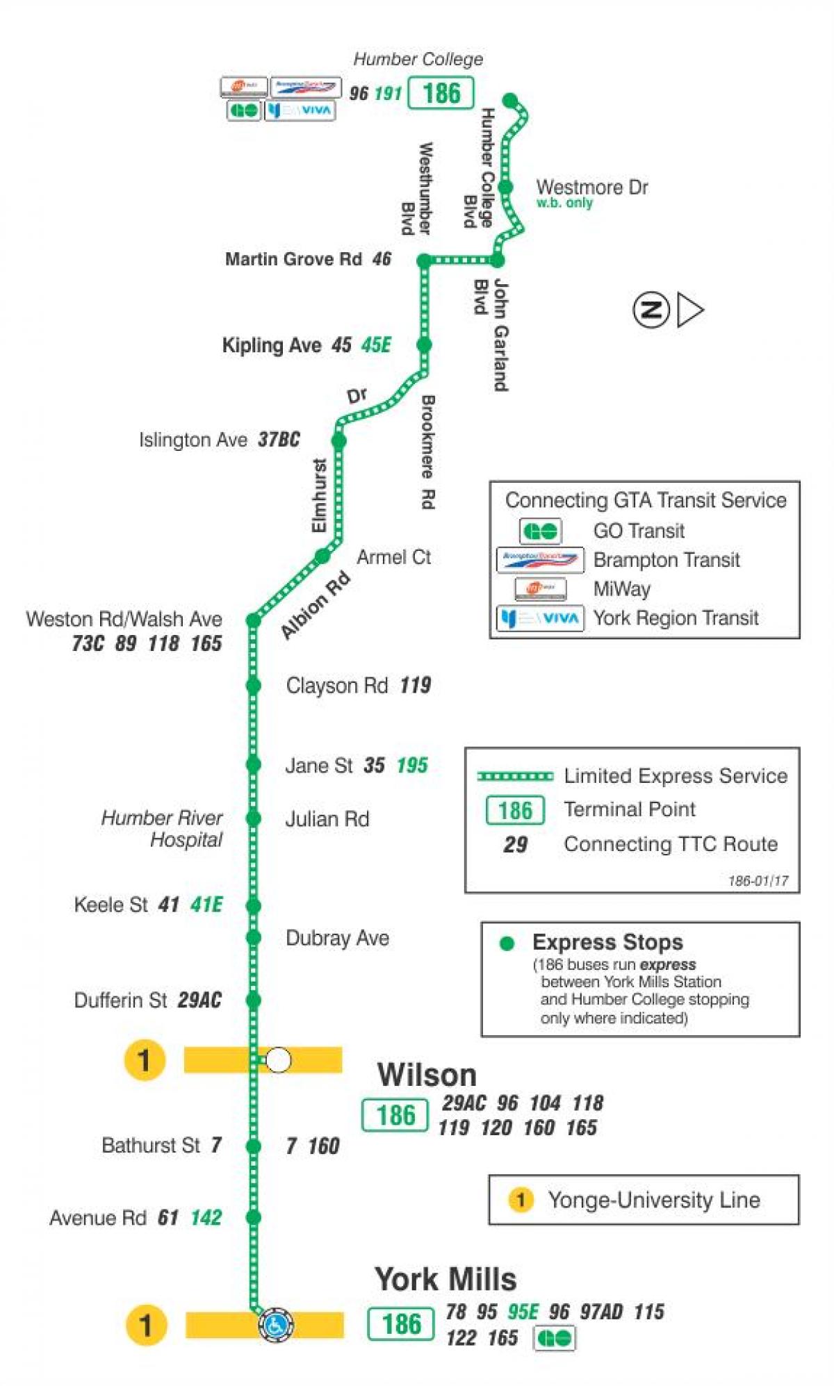 Mapa TTC 186 rakiety Wilson autobus na trasie Toronto