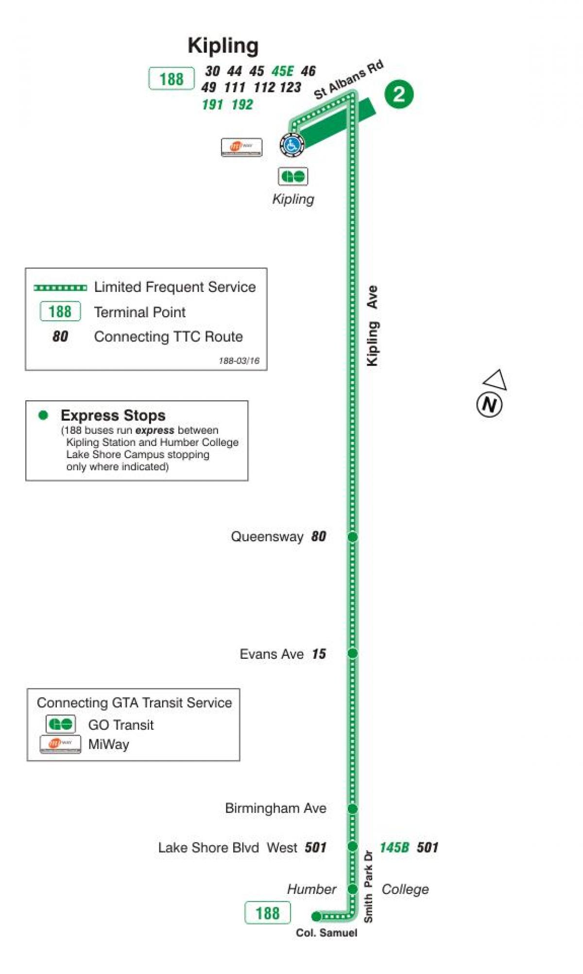 Mapa TTC 188 Kipling rakiety Południowego dworca autobusowego trasy Toronto