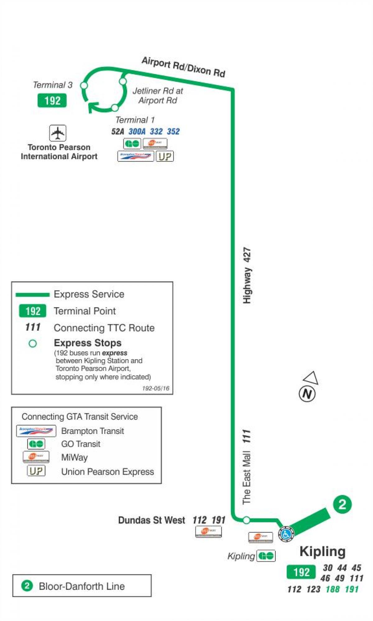 Mapa TTC 192 lotnisko rakieta autobus na trasie Toronto