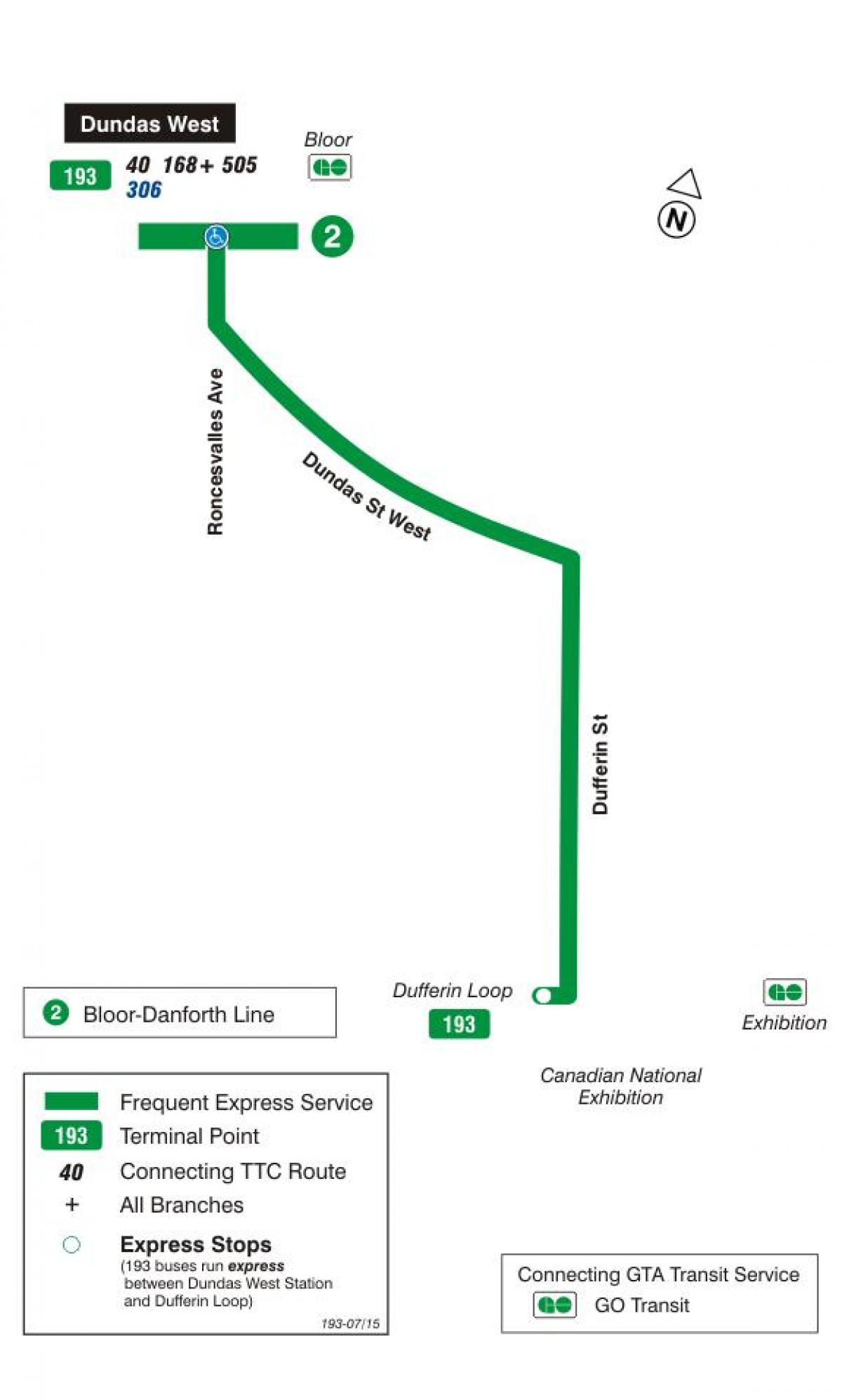 Mapa TTC 193 wystawa rakiety autobus na trasie Toronto