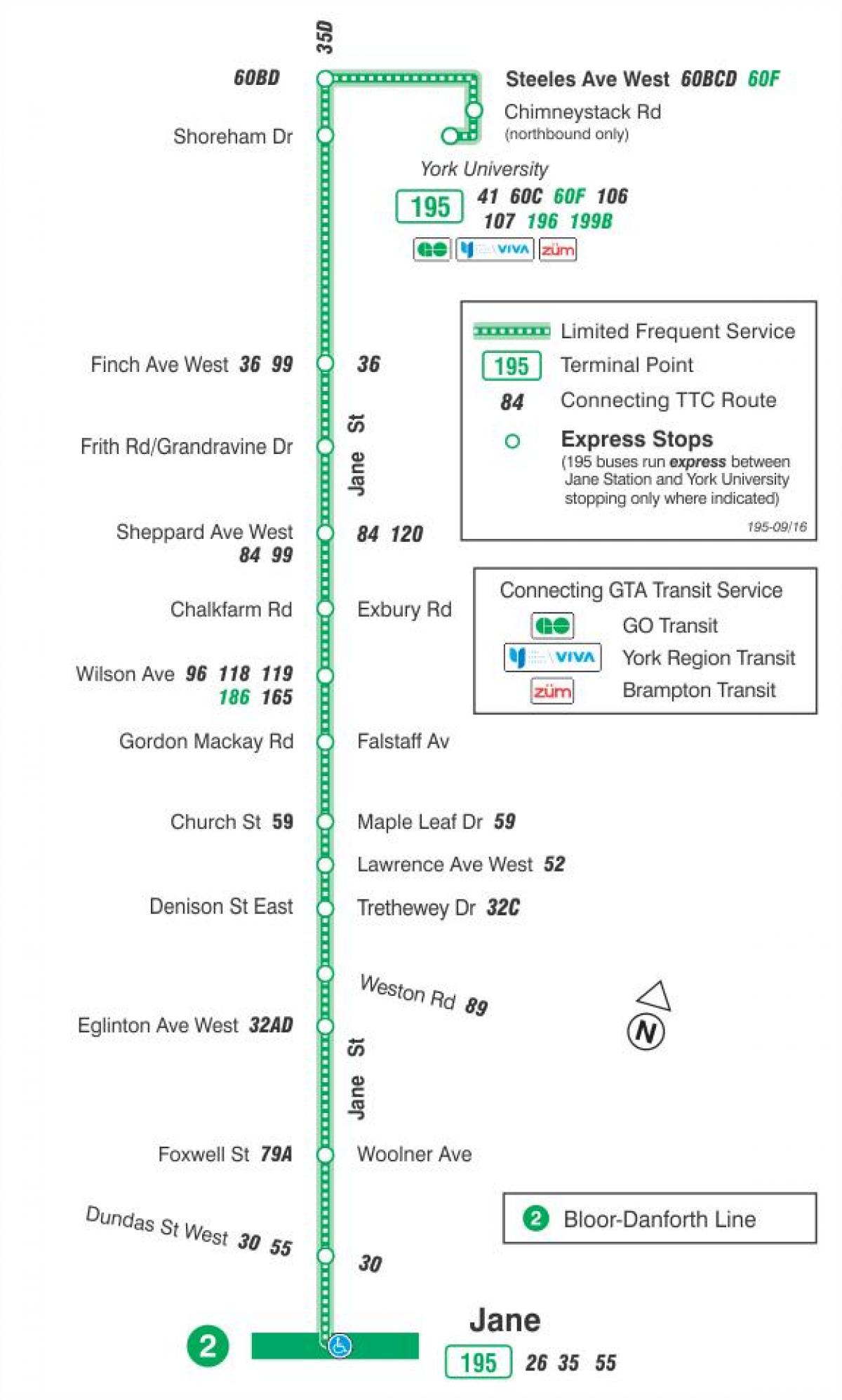 Mapa TTC 195 rakieta Jane autobus na trasie Toronto