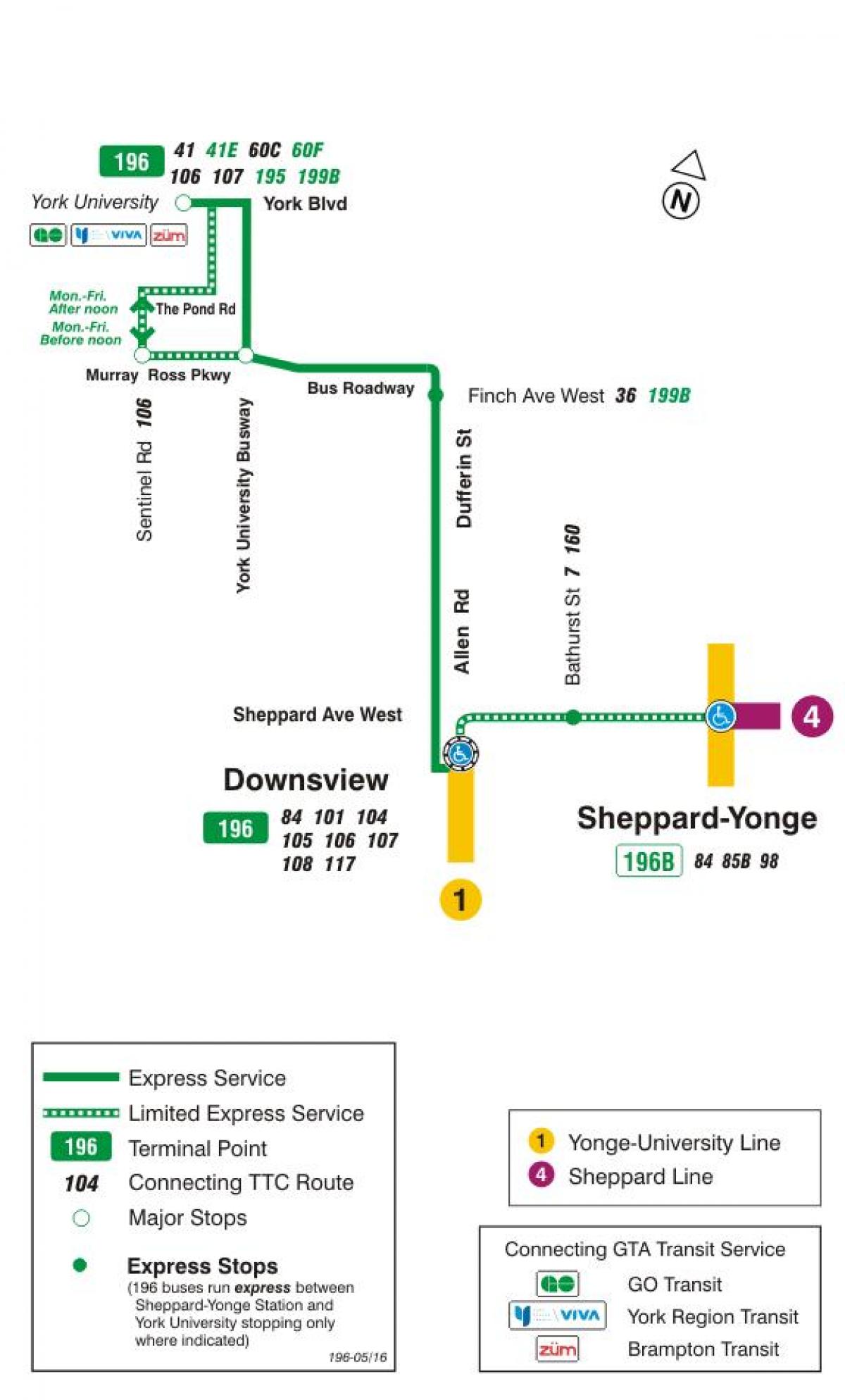 Mapa TTC 196-unvrsty rocket linii autobusowej Toronto