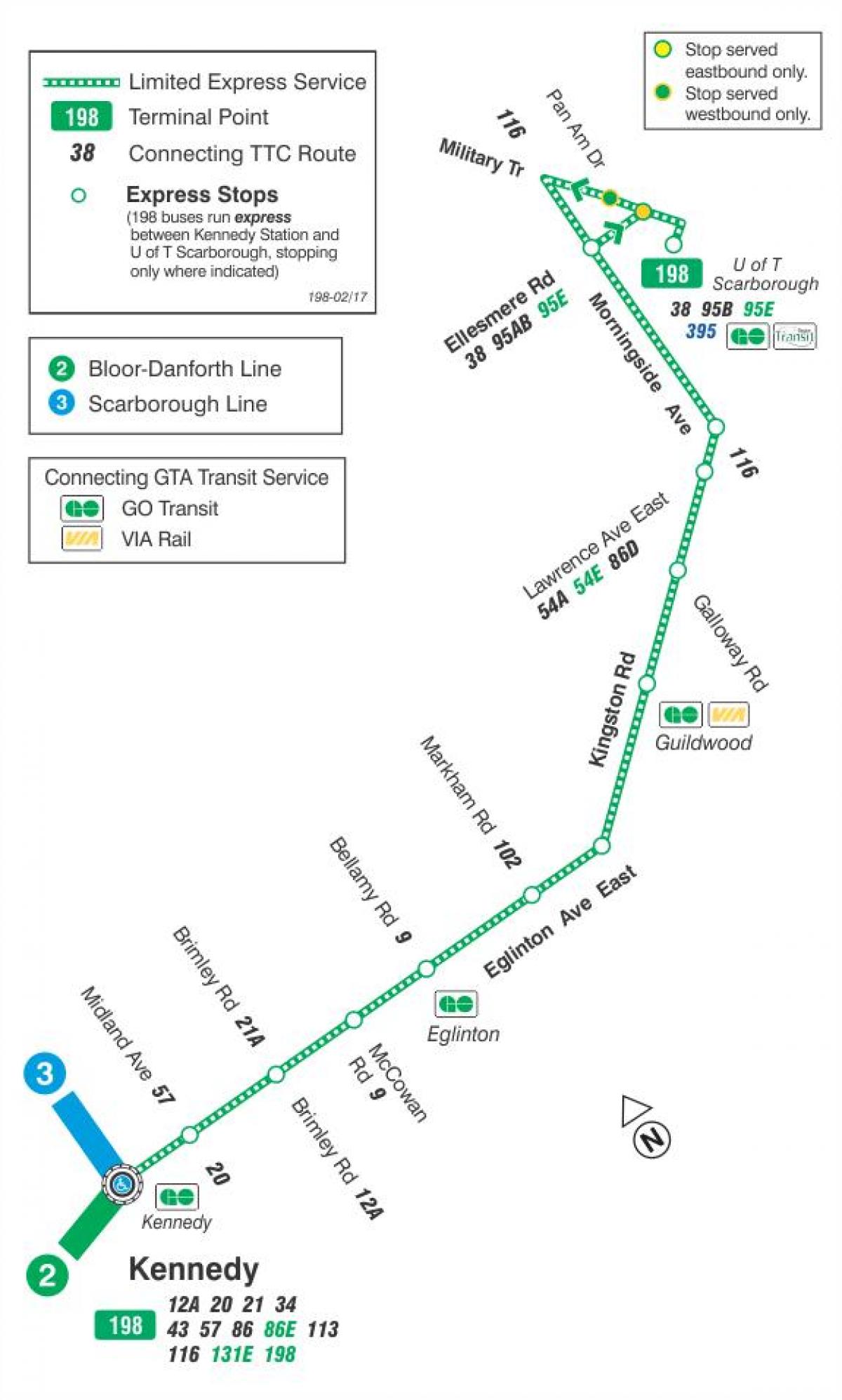 Mapa TTC 198 n t Scarborough rakiety autobus na trasie Toronto