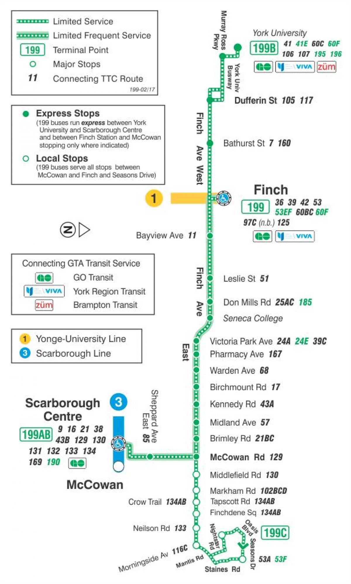 Mapa TTC 199 Finch rakiety autobus na trasie Toronto