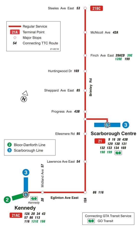 Mapa TTC 21 Бримли autobus na trasie Toronto