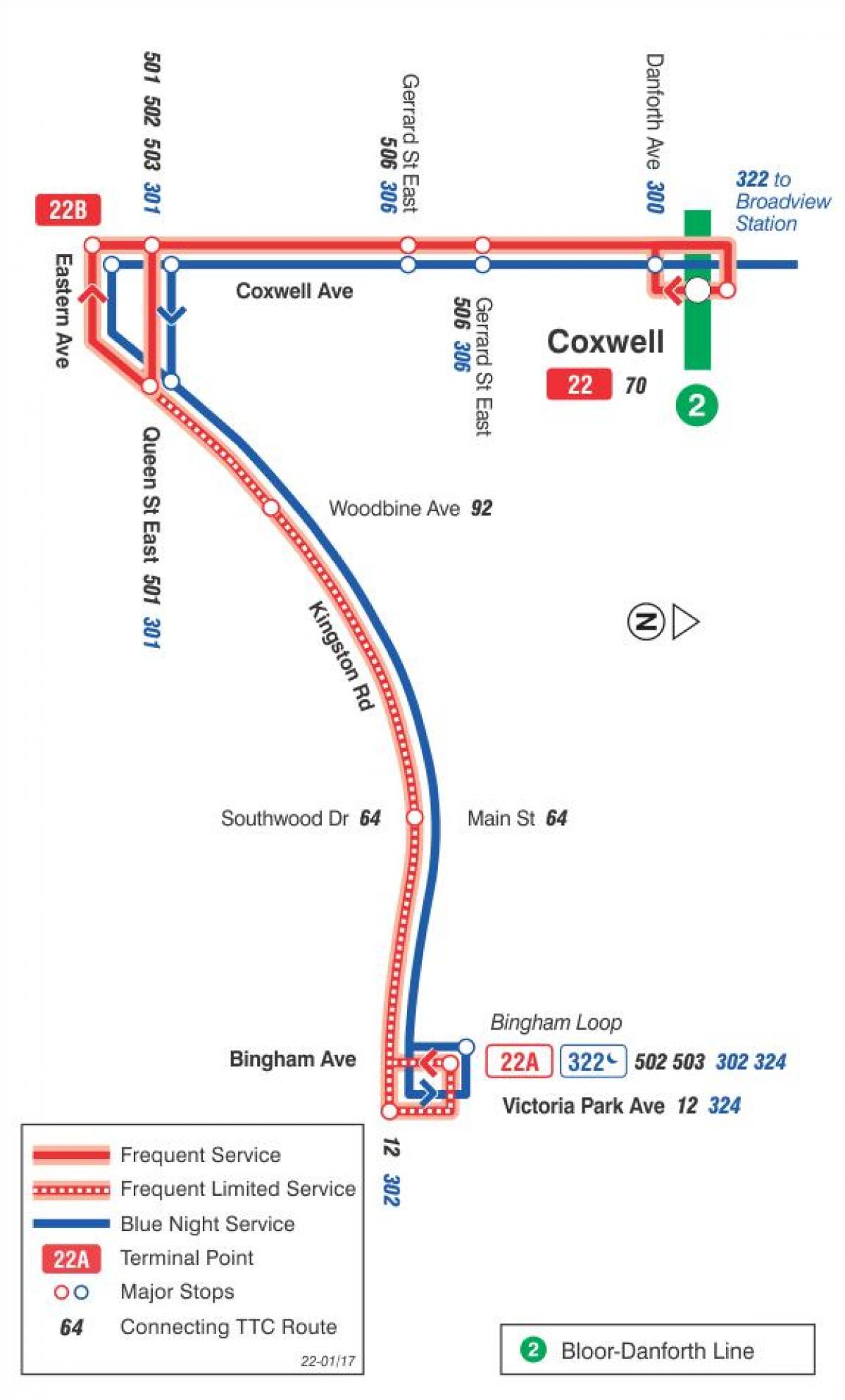Mapa TTS 22 Коксуэлл autobus na trasie Toronto