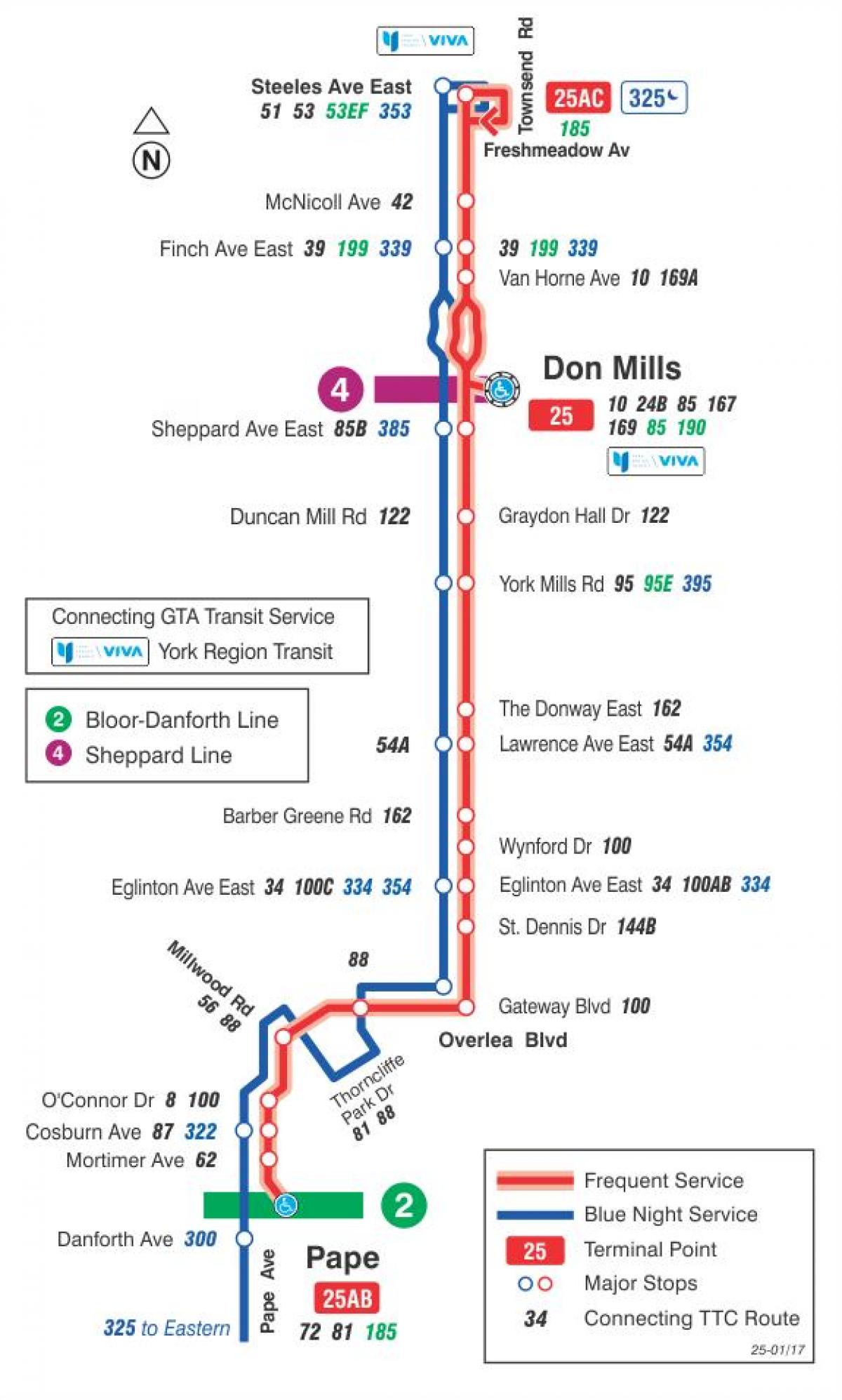 Mapa TTC 25 Don Mills autobus na trasie Toronto