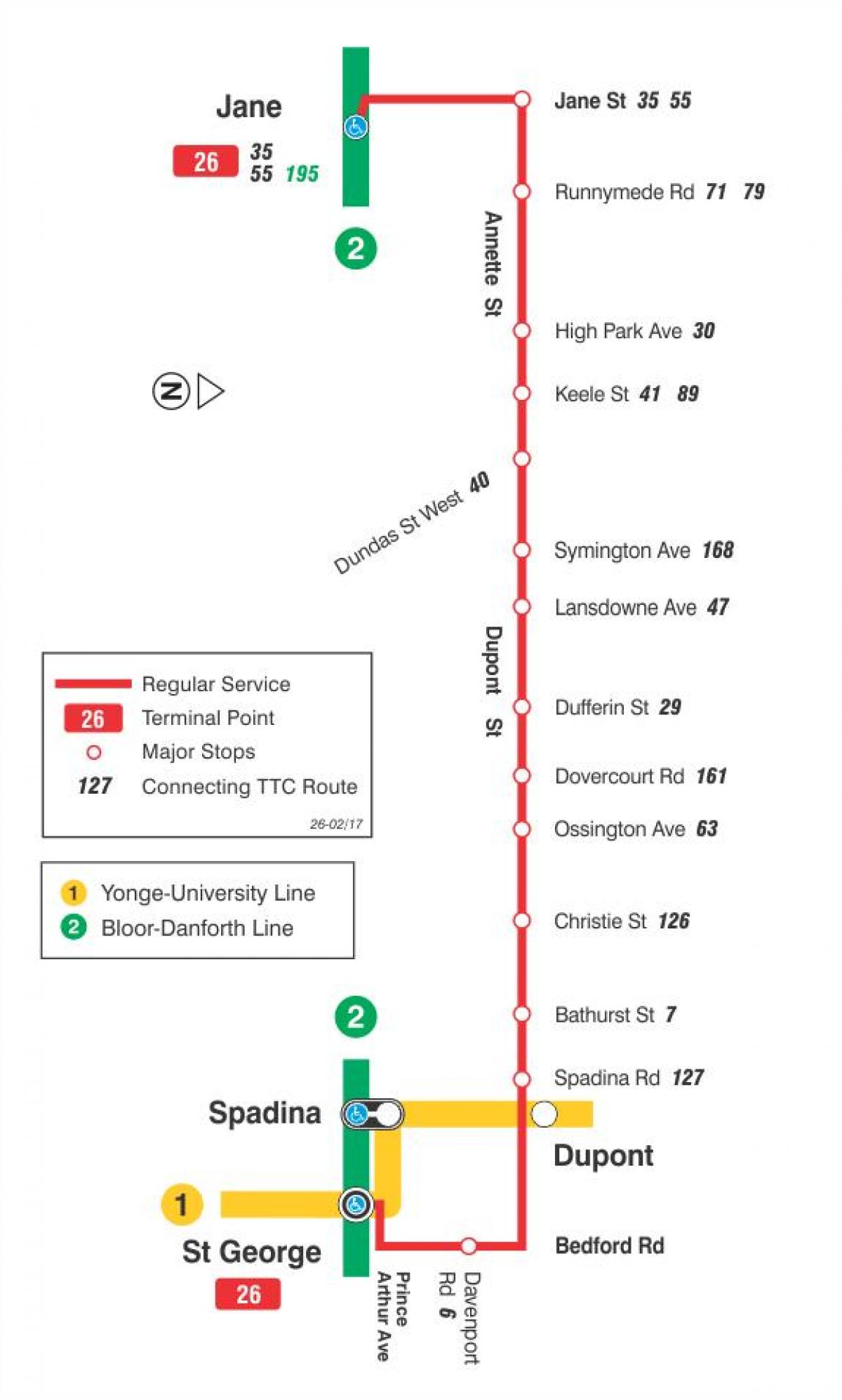 Mapa TTC 26 Dupont autobus na trasie Toronto