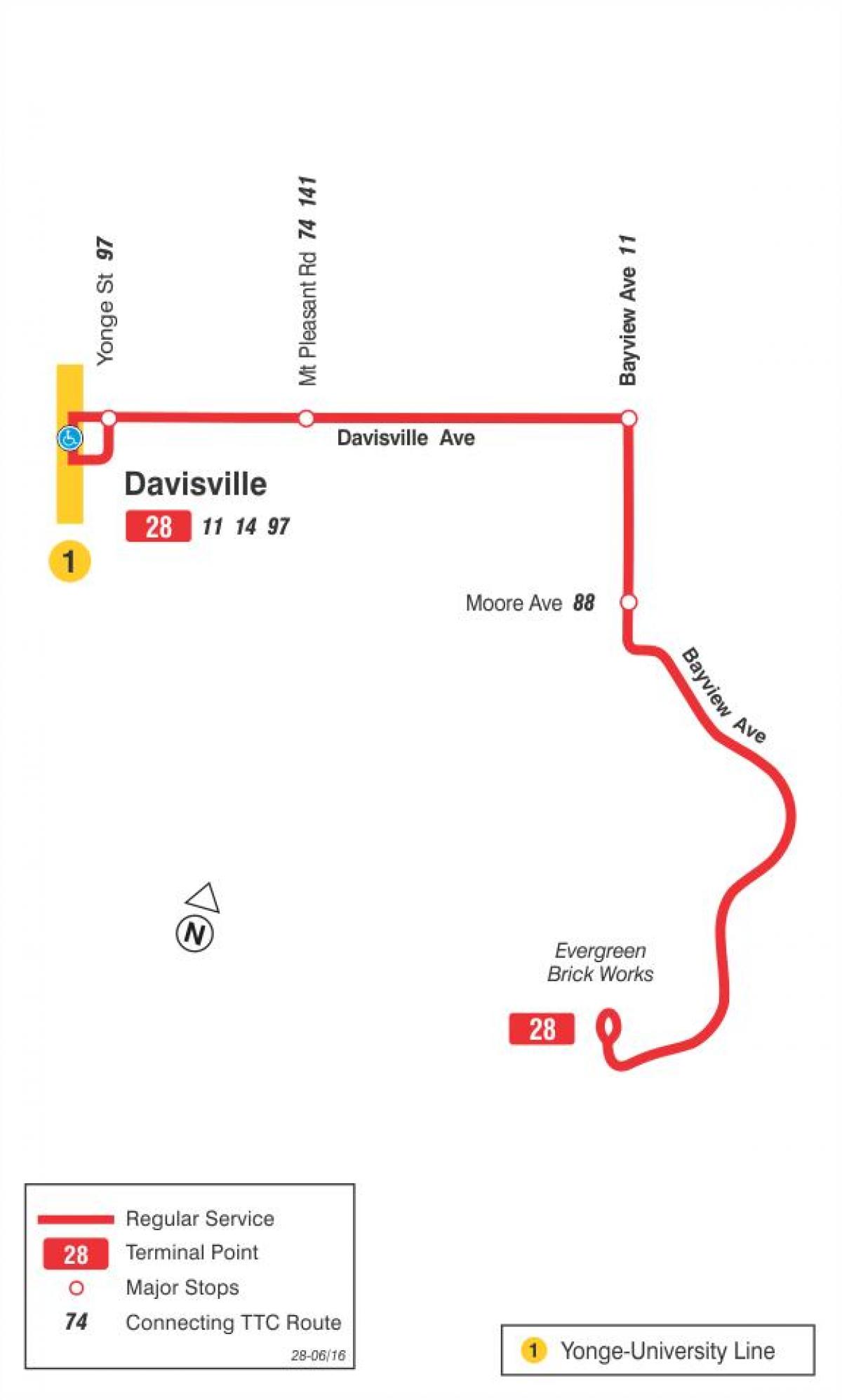 Mapa TTS 28 Bayview Południowego dworca autobusowego trasy Toronto