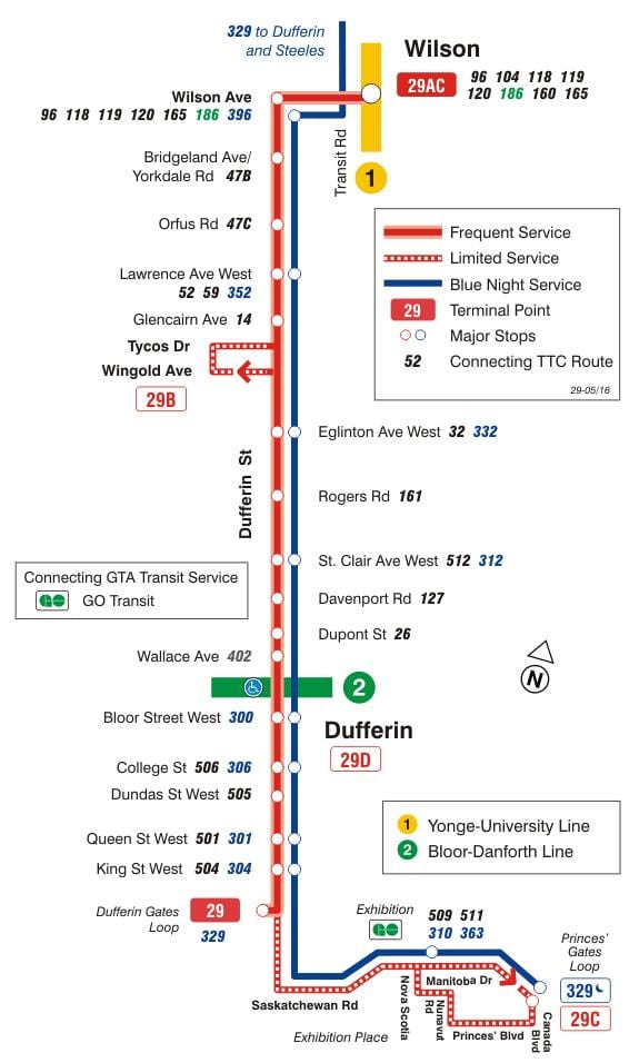 Mapa TTC 29 Дафферин autobus na trasie Toronto