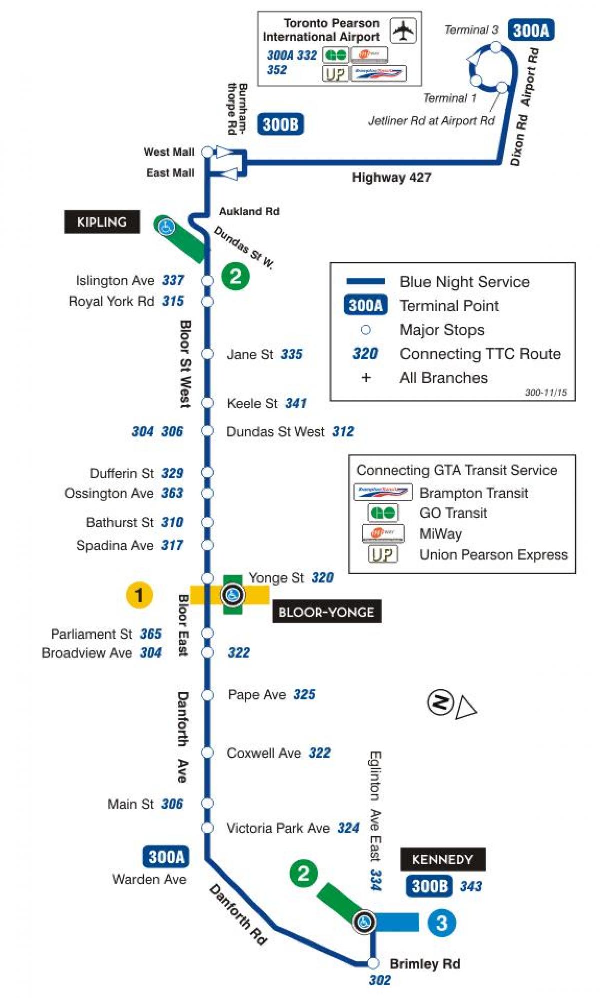 Mapa TTC 300А Блур-Danforth autobus na trasie Toronto