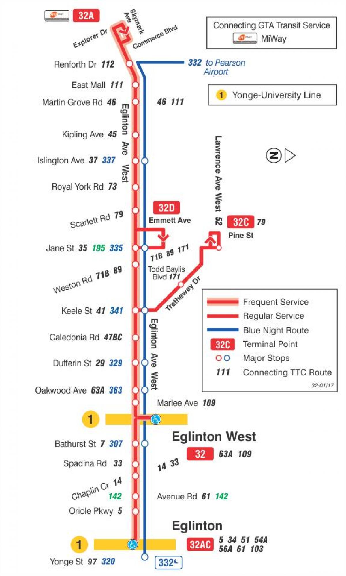 Mapa TTC 32 Eglinton West autobus na trasie Toronto