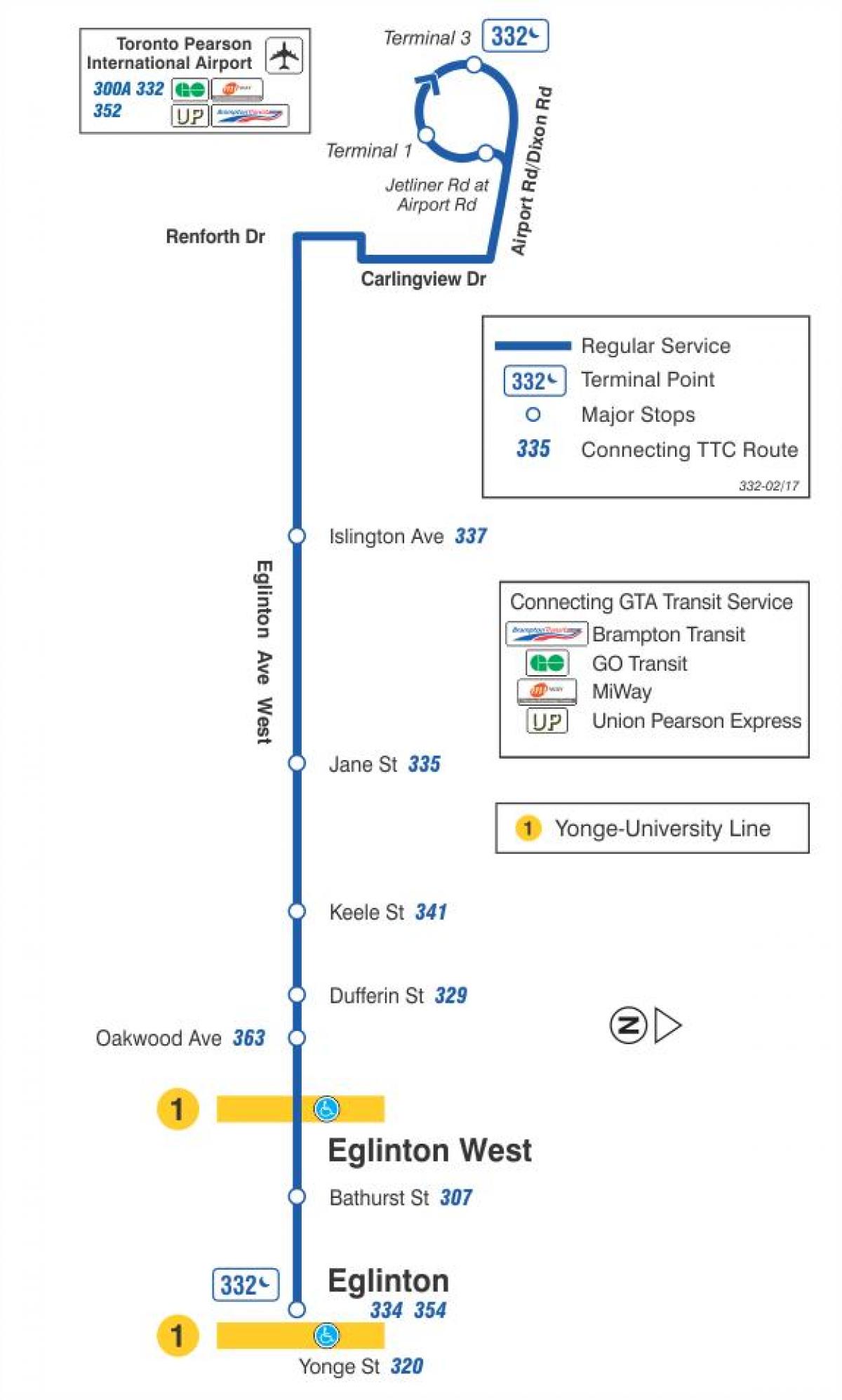 Mapa TTC 332 Eglinton West autobus na trasie Toronto