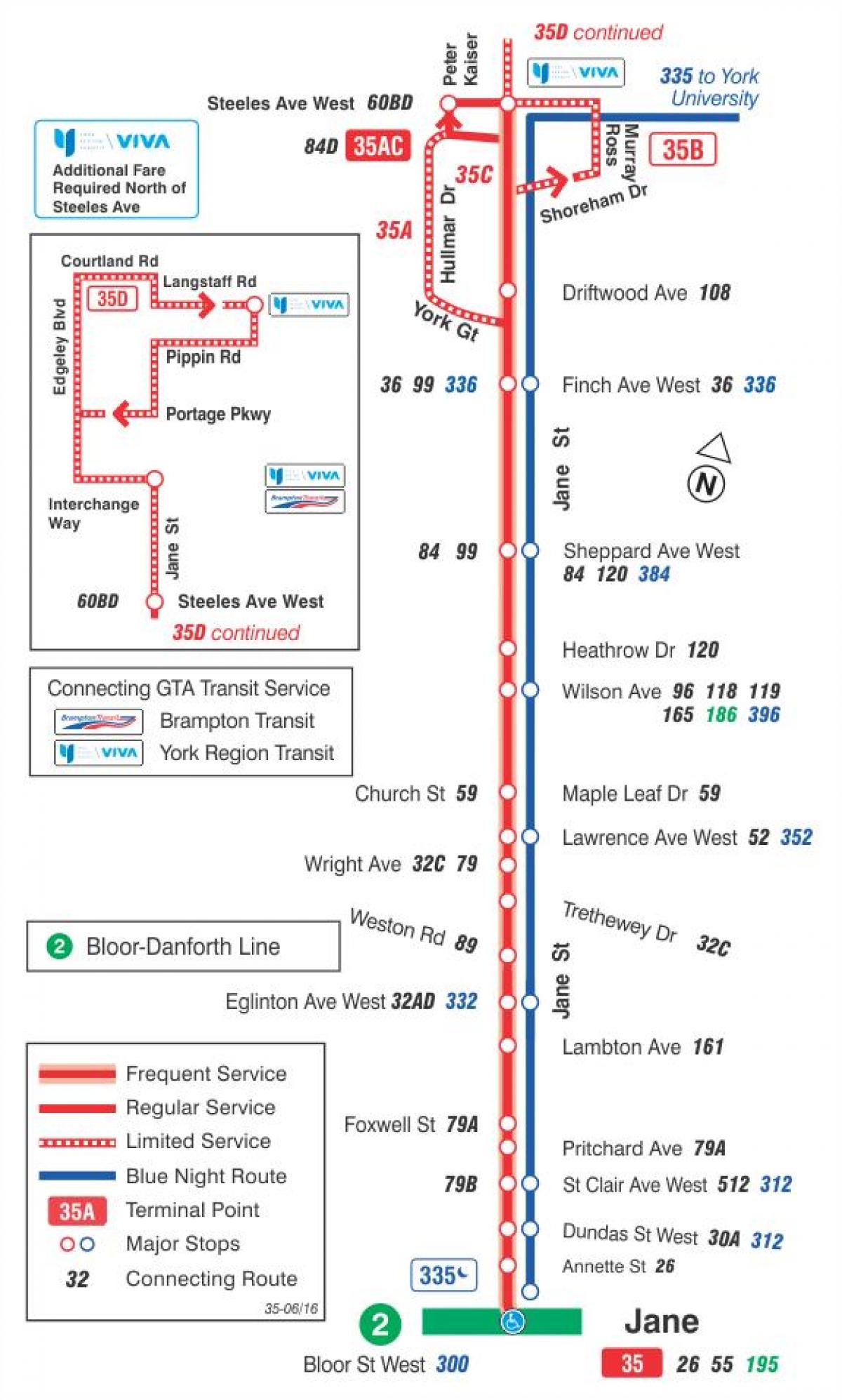 Mapa TTC 35 Jane autobus na trasie Toronto