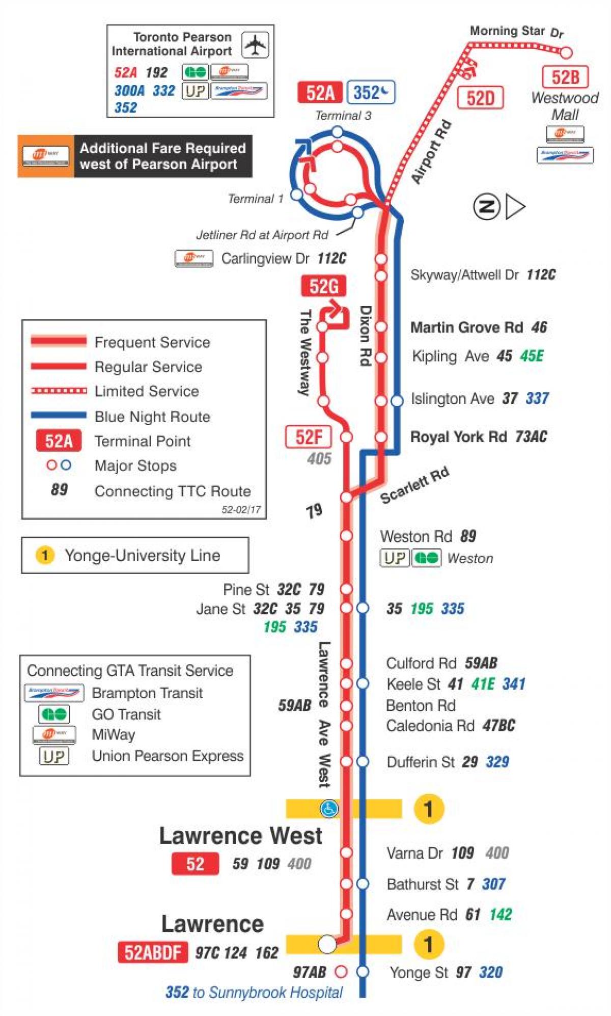 Mapa TTS 52 Lawrence West autobus na trasie Toronto