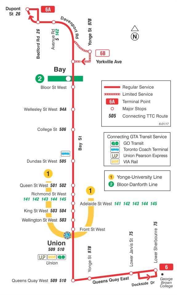 Mapa TTC 6-Bay autobus na trasie Toronto