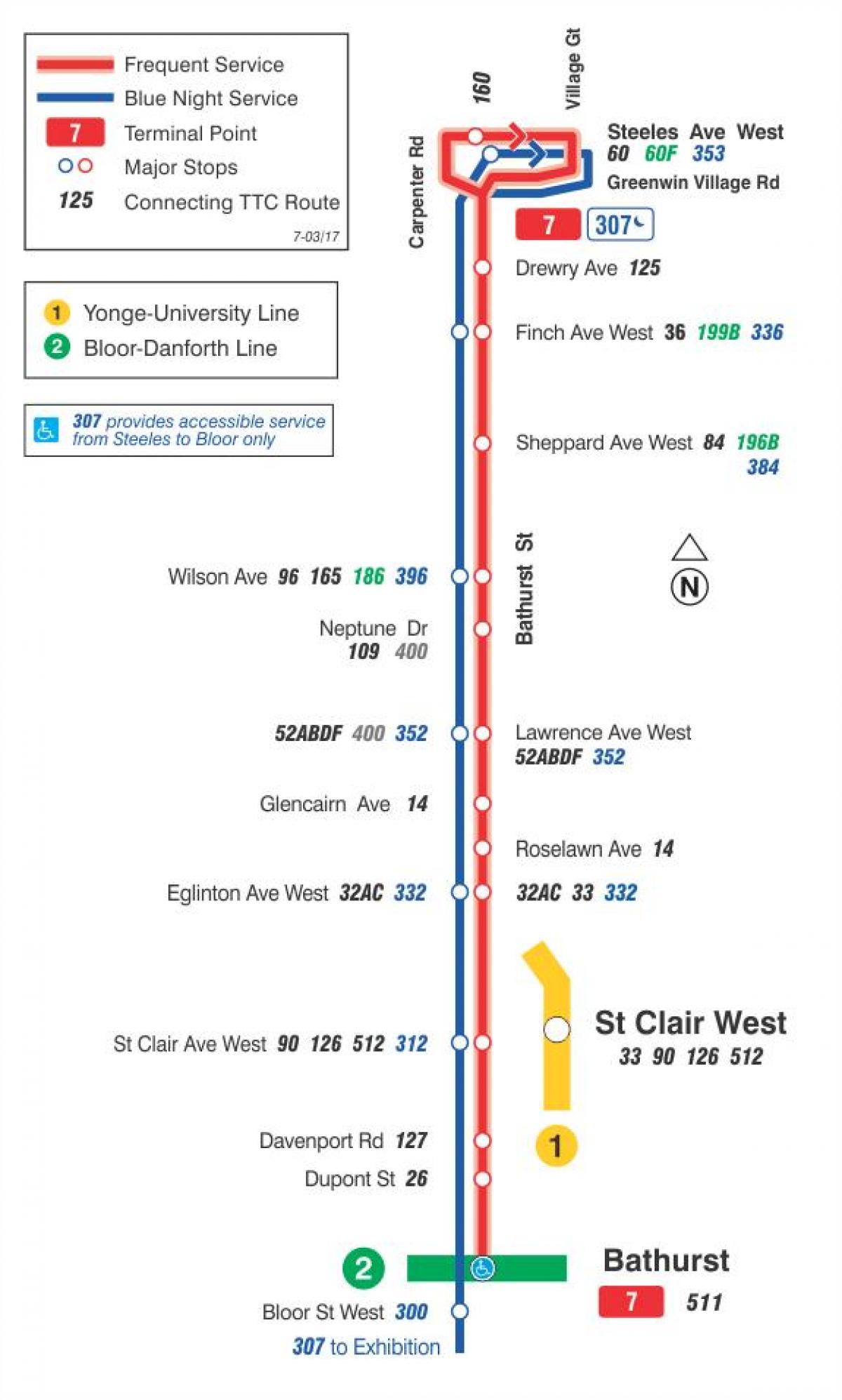Mapa TTC 7 Bathurst autobus na trasie Toronto