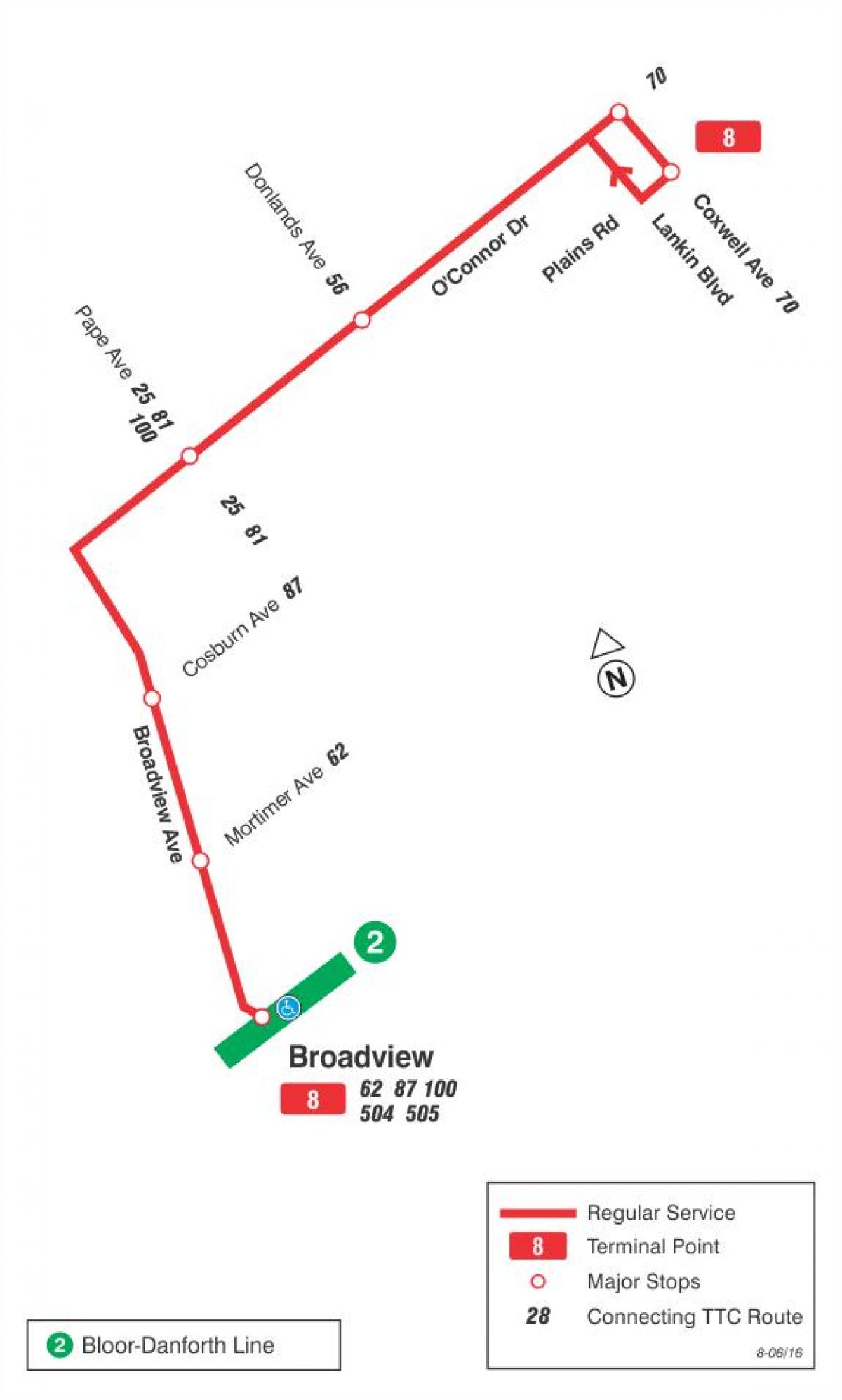 Mapa TTC 8 Бродвью autobus na trasie Toronto