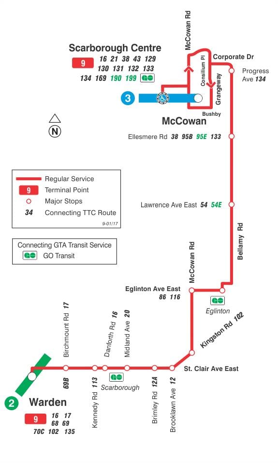 Mapa TTC 9 Bellamy autobus na trasie Toronto