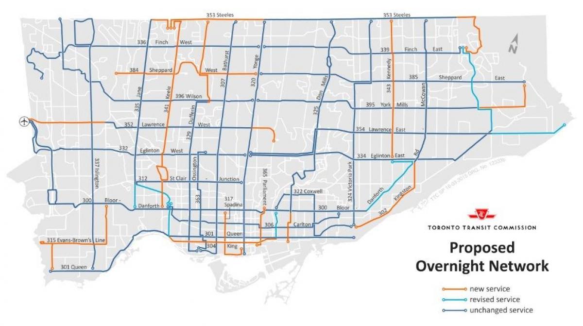 Mapa TTC na noc sieć Toronto