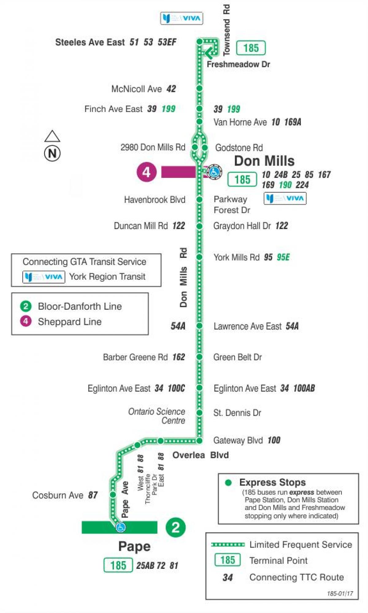 Mapa TTC 185 Don Mills rakiety autobus na trasie Toronto