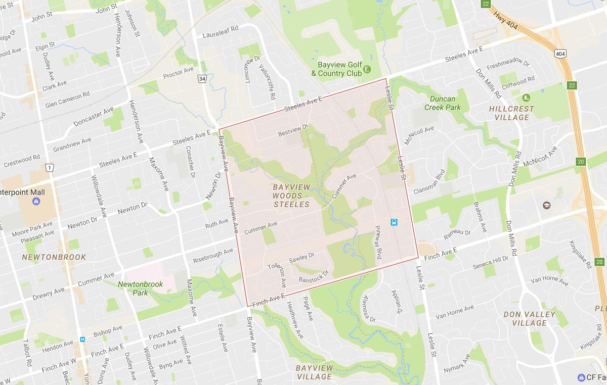 Mapa ulic bayview-Woods – dzielnicy Стилс Toronto